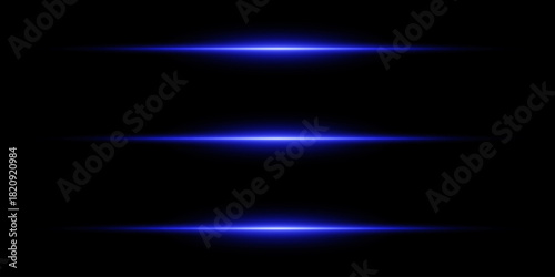 Horizontal glowing stripes of light on a dark background futuristic energy speed effect.