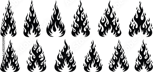 Black flame icon set, various fire silhouettes, blaze symbols collection, hot burning hell vector graphics, dangerous inferno element bundle for design.