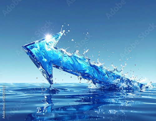 A blue, water-based arrow points upwards from a liquid surface against a clear blue sky background