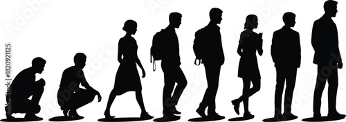 age progression, posture change, childhood to adulthood, aging concept, backpack figures, generational growth, physical transformation, minimalist art, people evolution, life phases