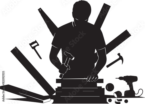 Silhouette of a craftsman surrounded by various tools ready for diy home improvement projects