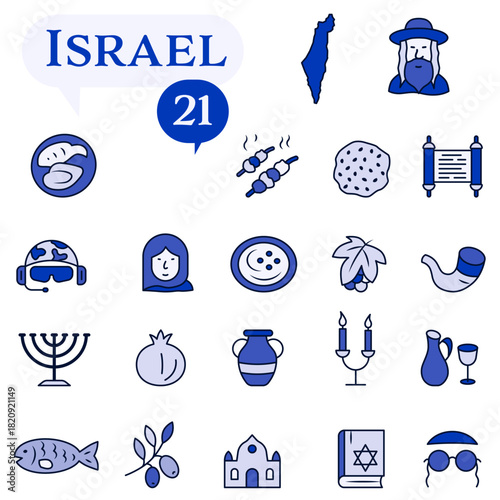A set of blue and white icons dedicated to life in Israel.