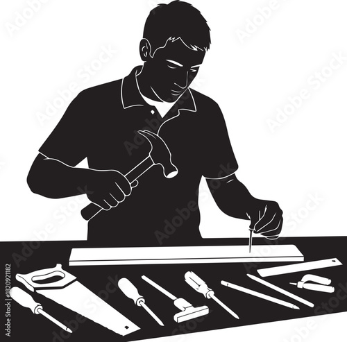 Silhouette of a person with hammer building and crafting with tools on workbench at home
