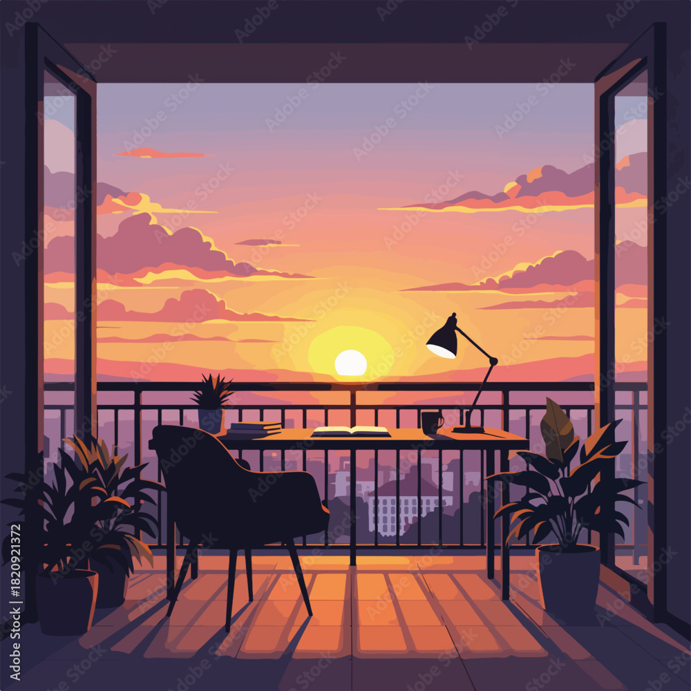 Obraz premium A desk on a balcony overlooking a city at sunset. Home office and remote work concept. Flat design graphic