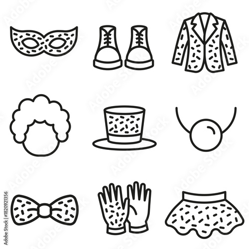 A set of icons of carnival costumes and accessories. Circus icons.