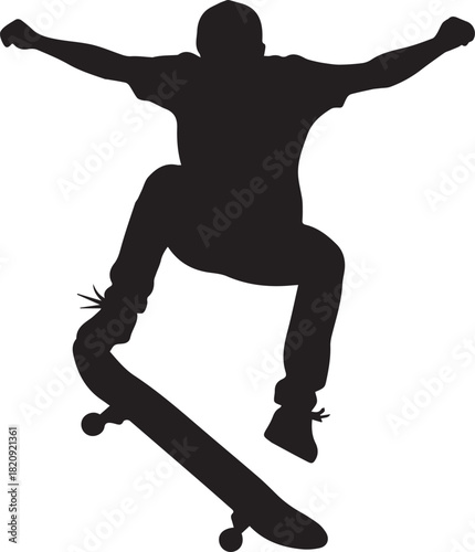 Dynamic silhouette of a skateboarder performing an aerial trick with arms extended
