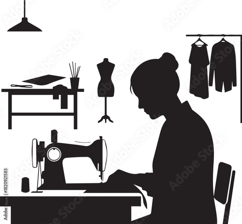 Silhouette of a woman sewing at a vintage machine in a studio workshop creative hobby