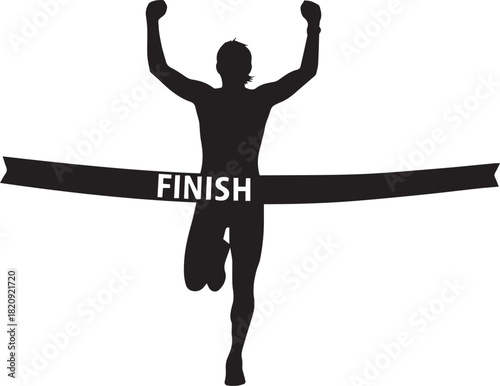 Runner crossing finish line silhouette celebrating victory achievement success in sport race