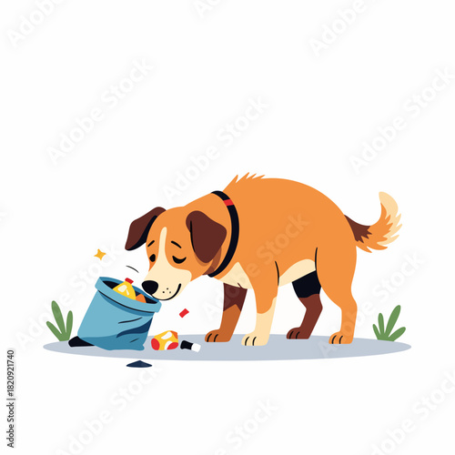 A stray dog sniffing a trash bag. Cartoon graphic of a hungry homeless animal scavenging for food. Flat design character isolated on a white background