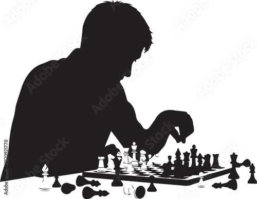 Silhouette of a person playing chess contemplating a move with chess pieces on a board.