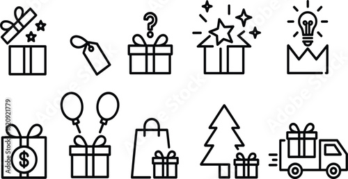 Set of Ten Gift and Present Line Icons, Outline Shopping Delivery and Holiday Surprise Symbols, Minimalist E-commerce Vector Graphic Collection