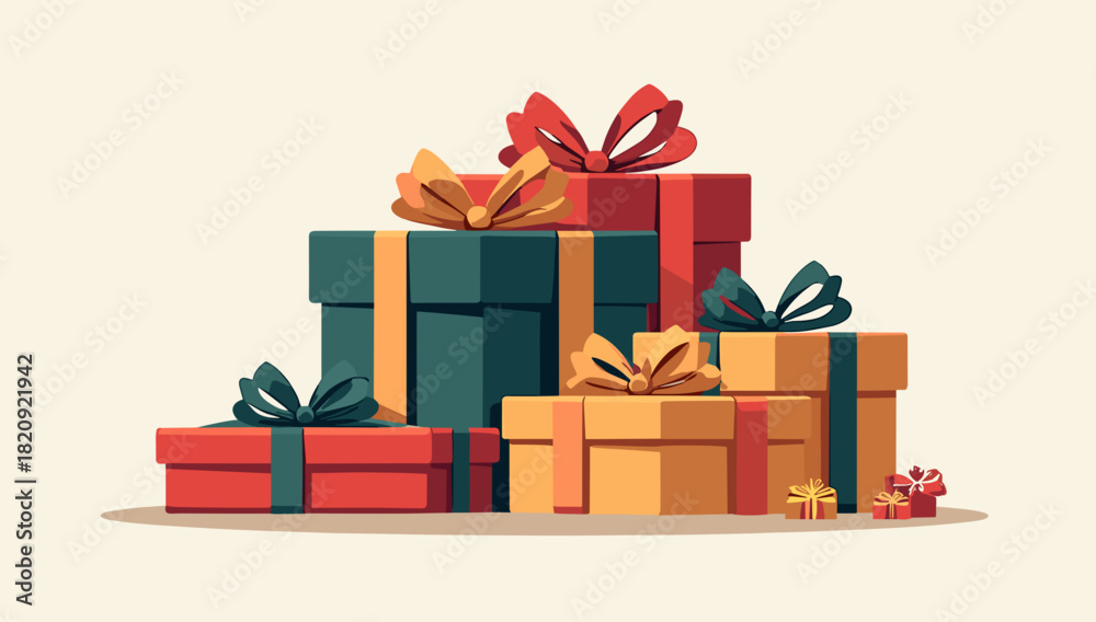 Obraz premium Cozy wrapped presents pile christmas boxes with bows on light minimal backdrop