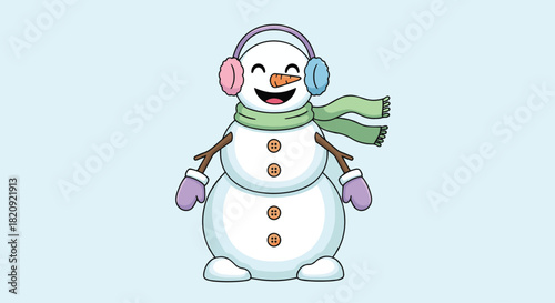 Snowman Wearing Earmuffs and Smiling Pastel Palette Flat Vector Illustration Clean Outline