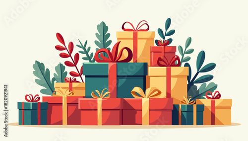 Colorful wrapped presents pile christmas arrangement with foliage on warm background