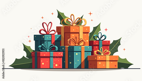 Festive wrapped presents pile christmas boxes with holly leaves and sparkling decor