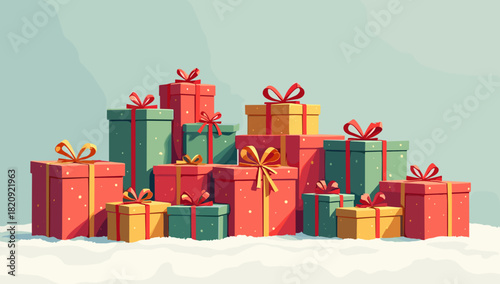 Colorful wrapped presents pile christmas boxes standing on snow under pale sky