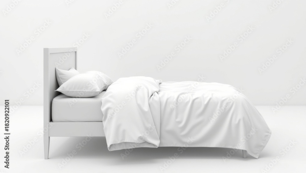 Naklejka premium Maqueta de cama en blanco con sábanas blancas y sombras mínimas