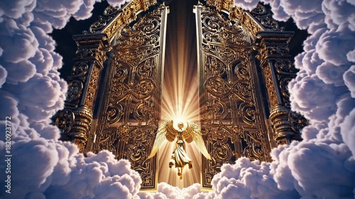 Celestial Gateway: The radiant entrance, a masterpiece of architecture, opens amidst a sea of fluffy clouds, revealing a divine light, as an angelic figure emerges.