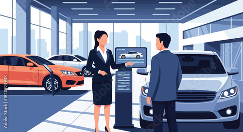 Car dealer presenting vehicle options to customer inside modern showroom. Ideal for automotive business ads, dealership promotions, sales brochures, and marketing visuals