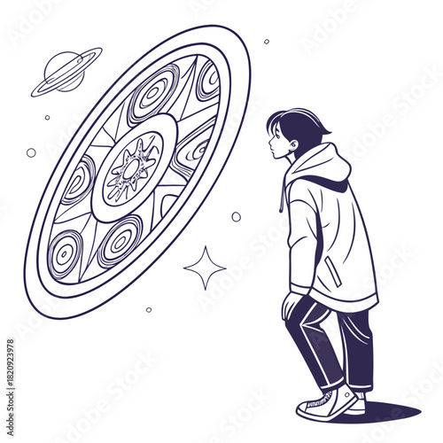 Young person in a hoodie looks with wonder at a swirling portal in outer space
