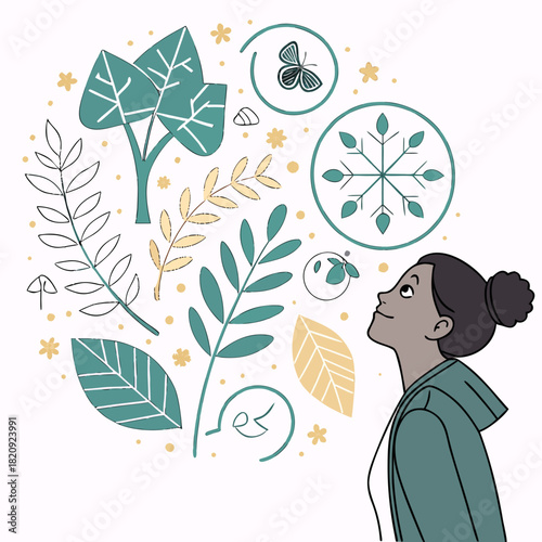 Young woman looking up at a whimsical arrangement of nature inspired illustrations and symbols