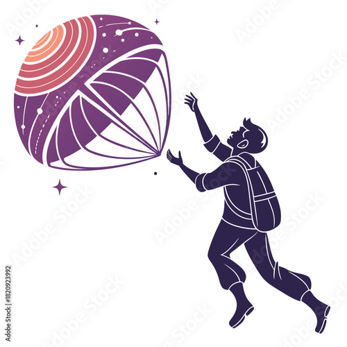 Silhouette of a person reaching for a stylized parachute planet in a starry cosmic sky