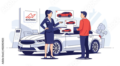 Car dealer presenting vehicle options to customer inside modern showroom. Ideal for automotive business ads, dealership promotions, sales brochures, and marketing visuals