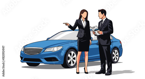 Car dealer presenting vehicle options to customer inside modern showroom. Ideal for automotive business ads, dealership promotions, sales brochures, and marketing visuals