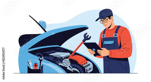 Mechanic using digital tablet for engine diagnostics inside clean workshop. Ideal for auto repair ads, garage services, diagnostics visuals, and mechanic illustrations