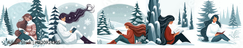 woman leaning against snowy diphony reading a book
