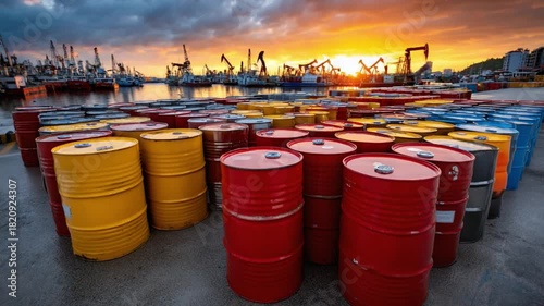 Oil Barrels at Sunset: A captivating scene of colorful oil barrels neatly arranged at a bustling industrial port, against a stunning sunset backdrop.