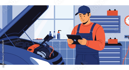 Mechanic using digital tablet for engine diagnostics inside clean workshop. Ideal for auto repair ads, garage services, diagnostics visuals, and mechanic illustrations