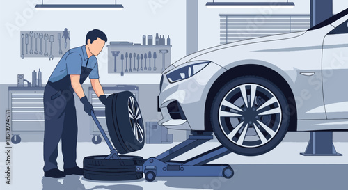 Mechanic changing tires in professional auto repair shop with clean tools. Ideal for garage services, maintenance visuals, car repair ads, and automotive illustrations