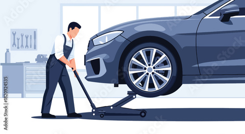 Mechanic changing tires in professional auto repair shop with clean tools. Ideal for garage services, maintenance visuals, car repair ads, and automotive illustrations