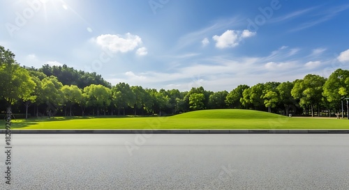 Asphalt road with vibrant green grass, a gentle hill, and lush trees under a bright sunny blue sky with lens flare