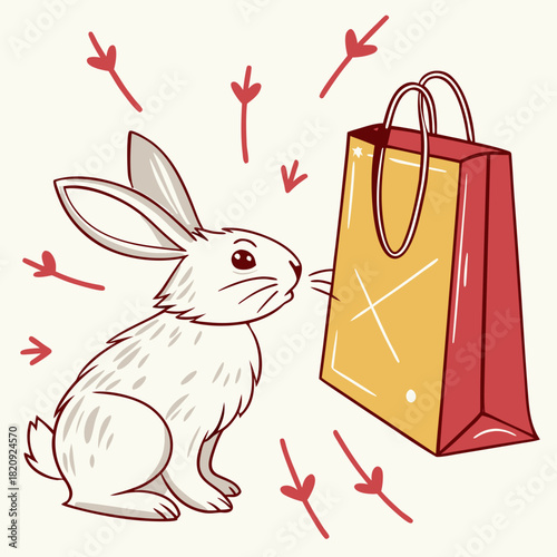 Curious white rabbit sniffing a red and yellow shopping bag with red arrows pointing towards it