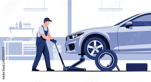 Mechanic changing tires in professional auto repair shop with clean tools. Ideal for garage services, maintenance visuals, car repair ads, and automotive illustrations