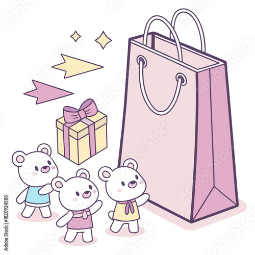Three cute cartoon bears excitedly looking at a large pink shopping bag and a gift box