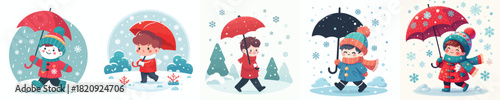 little boy walking with umbrella in snowy atmosphere
