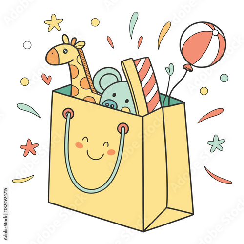 Cute cartoon gift bag overflowing with adorable toys and a festive balloon