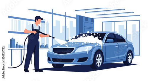 Worker washing car exterior with hose at modern wash station. Ideal for auto detailing ads, cleaning visuals, service promotions, and automotive care content