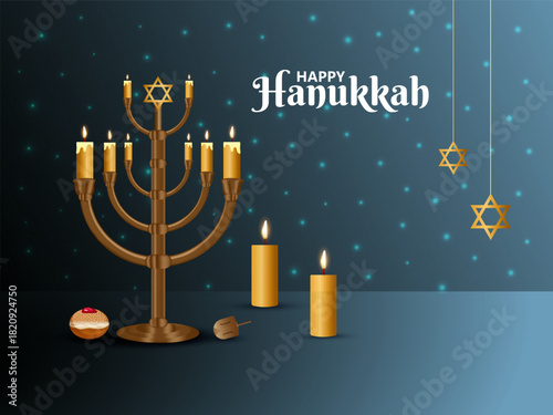 Golden realistic menorah, candlestick with burning eight candles, food and games for Hanukkah holiday celebration, Traditional israel festival decoration vector illustration.