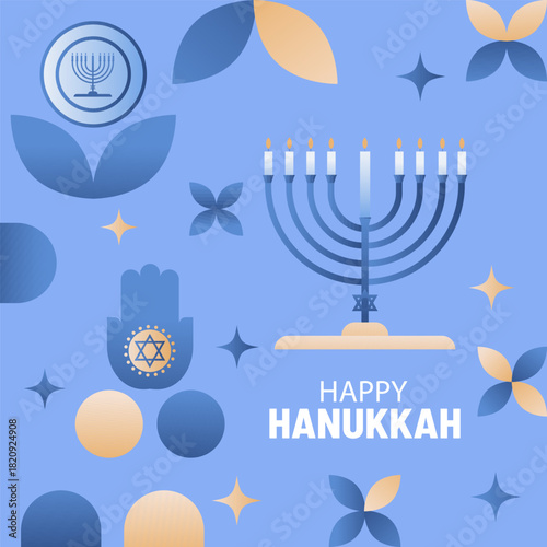 Abstract trendy geometric icon style pattern design with Menorah, candlestick with burning nine candles and other jewish elements vector illustration.