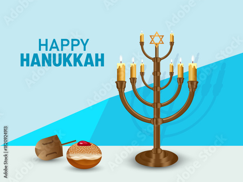 Golden realistic menorah, candlestick with burning eight candles, food and games for Hanukkah holiday celebration, Traditional israel festival decoration vector illustration.