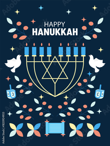 Abstract trendy Flat icon style pattern design, Menorah, candlestick with burning eight candles, dove bird and other jewish elements vector illustration.
