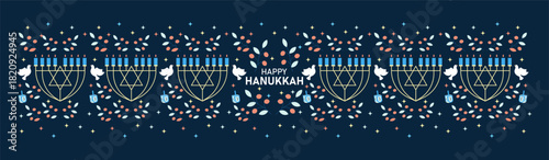 Abstract trendy Flat icon style pattern design, Menorah, candlestick with burning eight candles, dove bird and other jewish elements vector illustration.