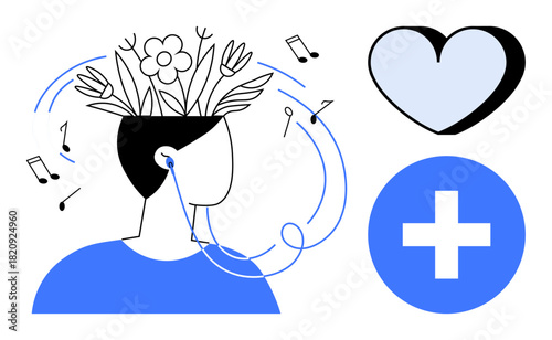 Person with flowers growing from head symbolizing creative thinking, wearing earphones with musical notes around. Heart and medical cross representing emotional health. Ideal for mindfulness