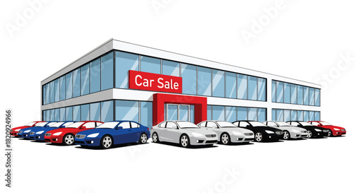 Modern dealership exterior with rows of new vehicles on display. Ideal for car sales ads, showroom promotions, automotive marketing, and dealership branding
