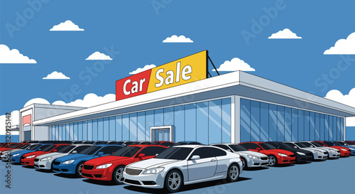 Modern dealership exterior with rows of new vehicles on display. Ideal for car sales ads, showroom promotions, automotive marketing, and dealership branding