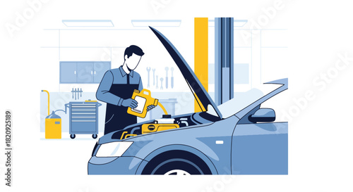 Mechanic performing oil change beneath lifted car in clean garage. Ideal for maintenance ads, auto repair visuals, service promotions, and mechanical illustrations